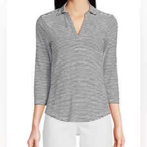 NEW - Lands End Women's Slub Polo Top. Color: White/Black Stripe. XS